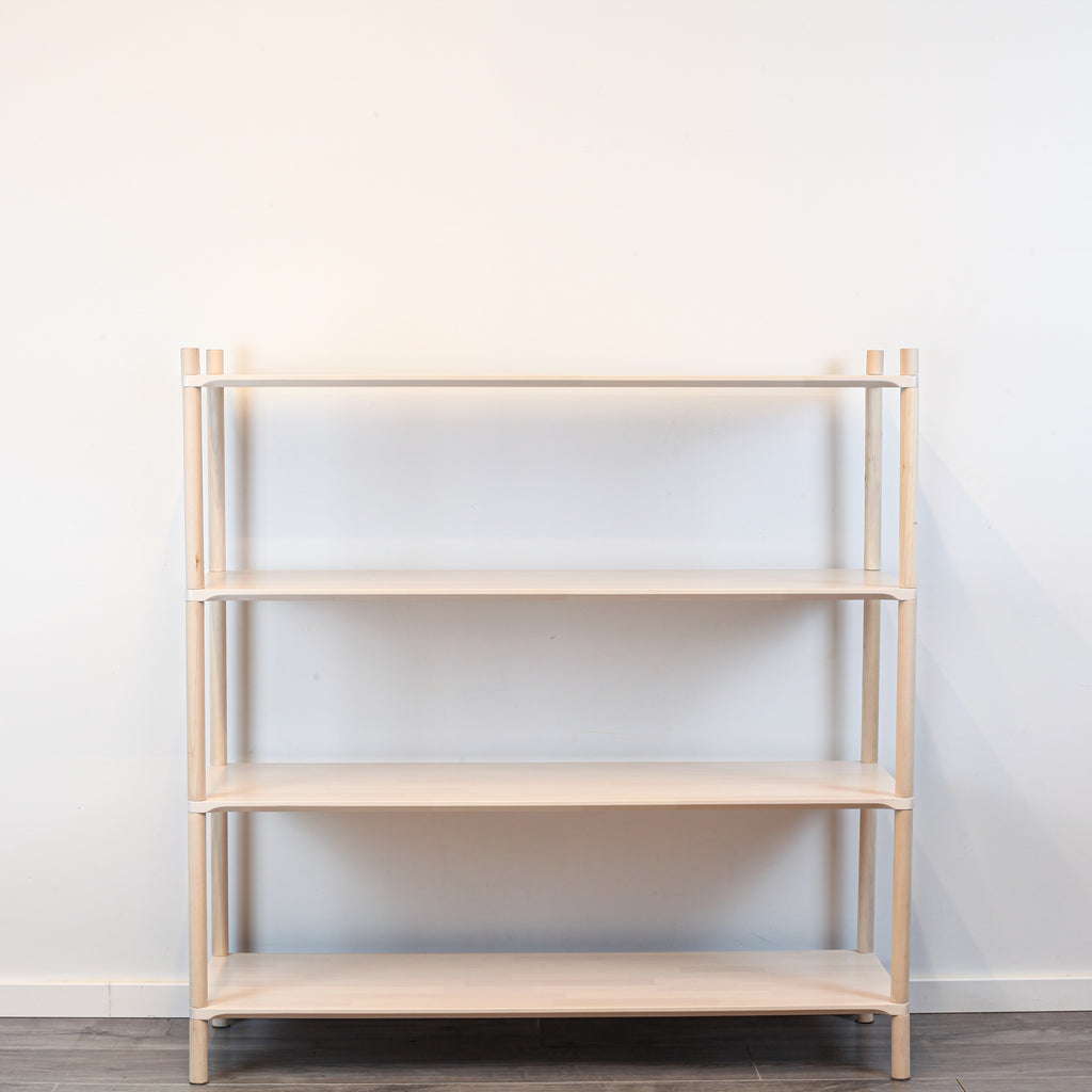 One Little Pine Large 4-Shelf Montessori-Inspired Wooden Shelving Unit styled with books and toys, Montessori-style kids storage furniture.