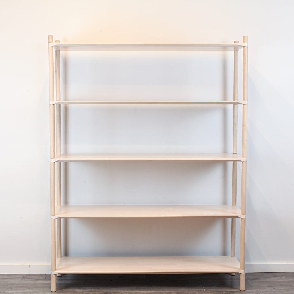 One Little Pine Large 5-Shelf Montessori-Inspired Wooden Shelving Unit styled with books and toys, Montessori-style kids storage furniture.