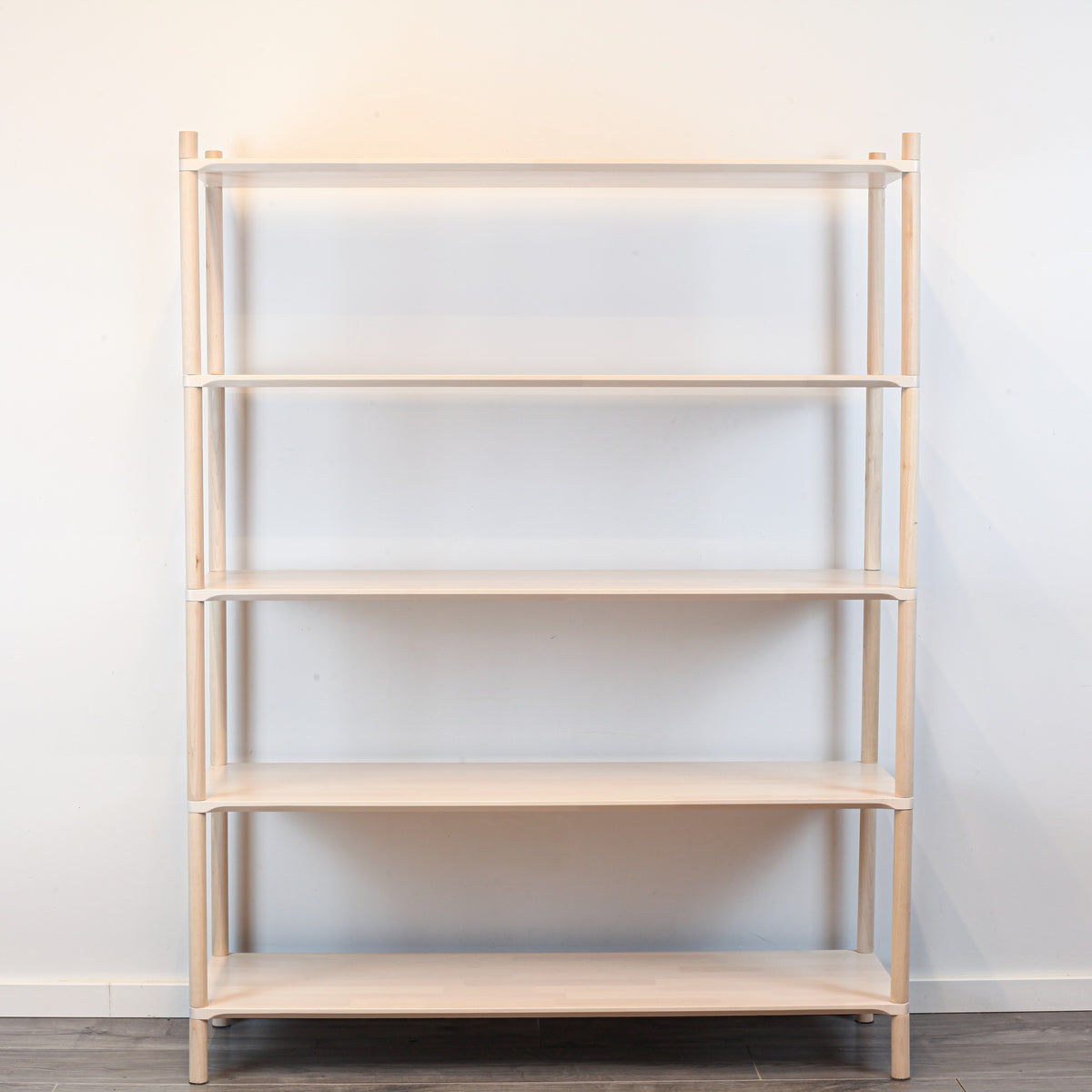 One Little Pine Large 5-Shelf Montessori-Inspired Wooden Shelving Unit styled with books and toys, Montessori-style kids storage furniture.