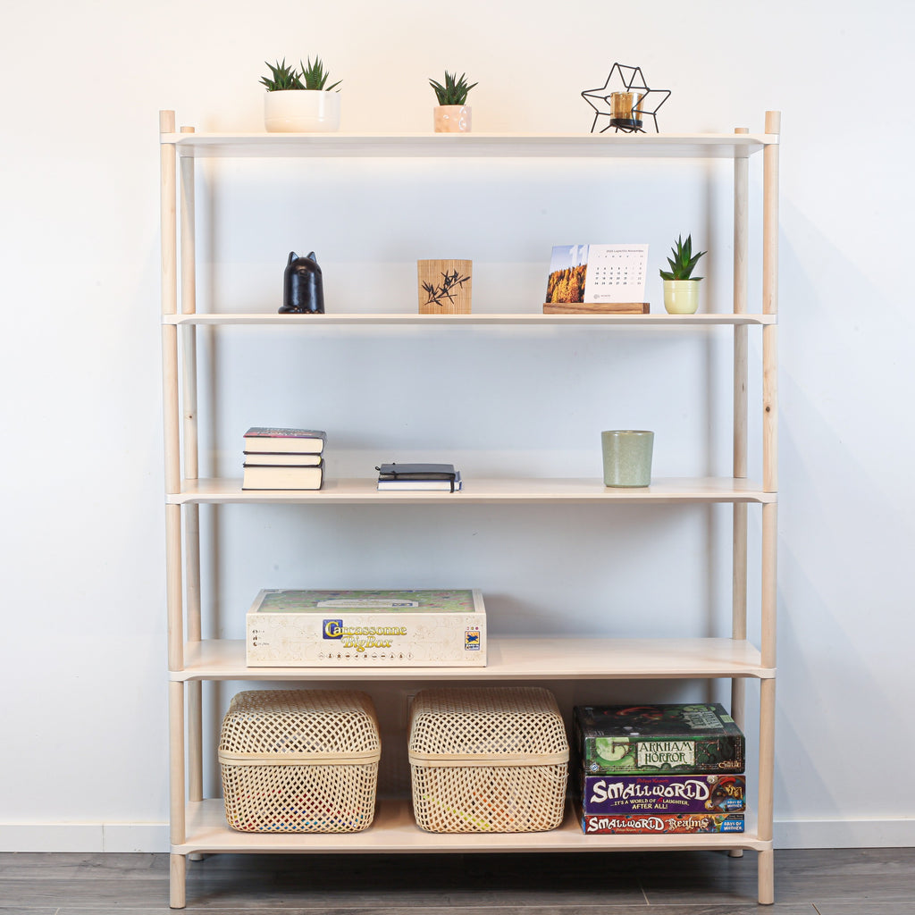One Little Pine Large 5-Shelf Montessori-Inspired Wooden Shelving Unit — solid birch wood, W110xH138xD35cm, FSC-certified open shelving for children's rooms.