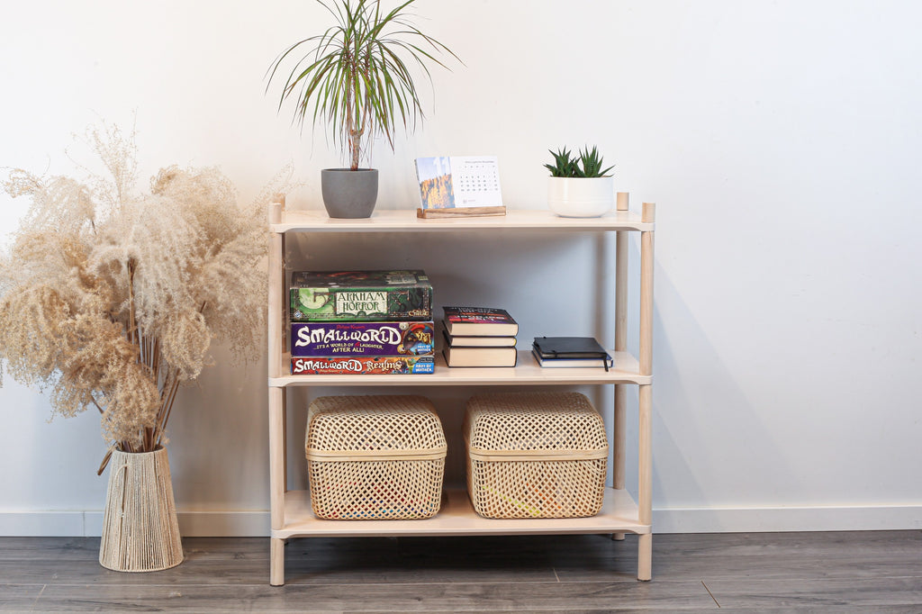 One Little Pine Medium 3-Shelf Montessori-Inspired Wooden Shelving Unit — solid birch wood, W80xH74xD35cm, FSC-certified open shelving for children's rooms.