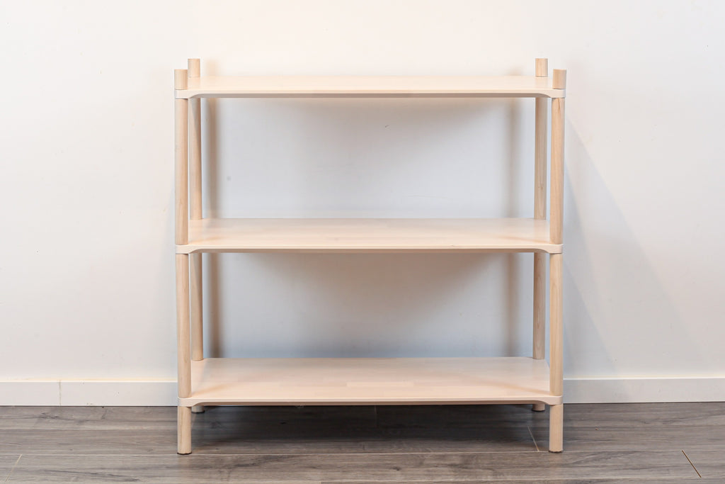 One Little Pine Medium 3-Shelf Montessori-Inspired Wooden Shelving Unit styled with books and toys, Montessori-style kids storage furniture.