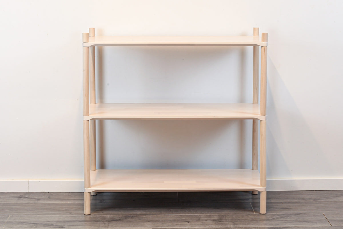 One Little Pine Medium 3-Shelf Montessori-Inspired Wooden Shelving Unit styled with books and toys, Montessori-style kids storage furniture.