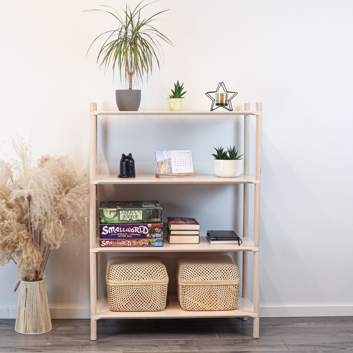 One Little Pine Medium 4-Shelf Montessori-Inspired Wooden Shelving Unit — solid birch wood, W80xH106xD35cm, FSC-certified open shelving for children's rooms.