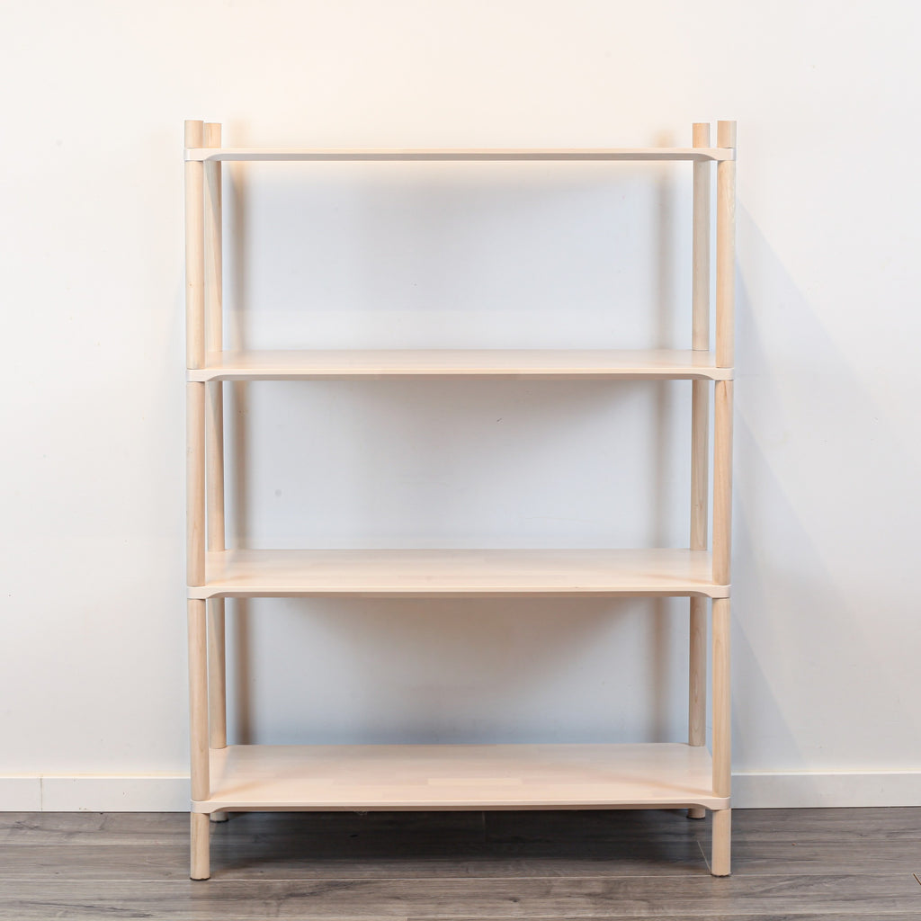 One Little Pine Medium 4-Shelf Montessori-Inspired Wooden Shelving Unit styled with books and toys, Montessori-style kids storage furniture.