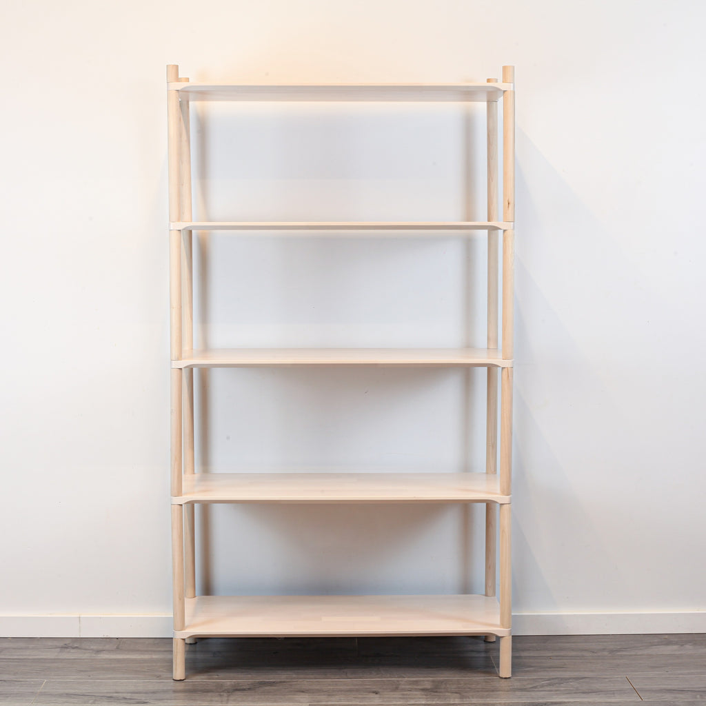 One Little Pine Medium 5-Shelf Montessori-Inspired Wooden Shelving Unit styled with books and toys, Montessori-style kids storage furniture.