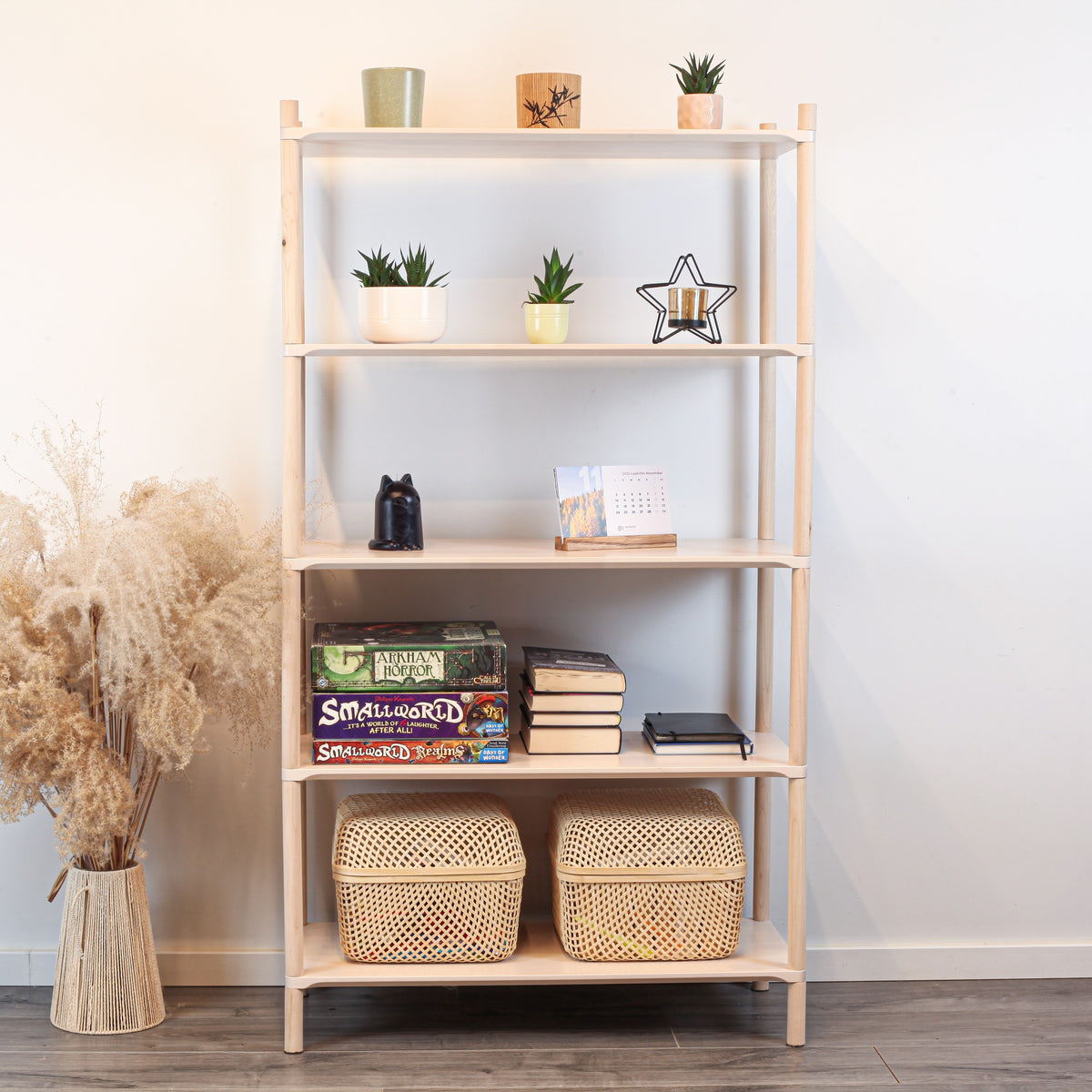 One Little Pine Medium 5-Shelf Montessori-Inspired Wooden Shelving Unit — solid birch wood, W80xH138xD35cm, FSC-certified open shelving for children's rooms.