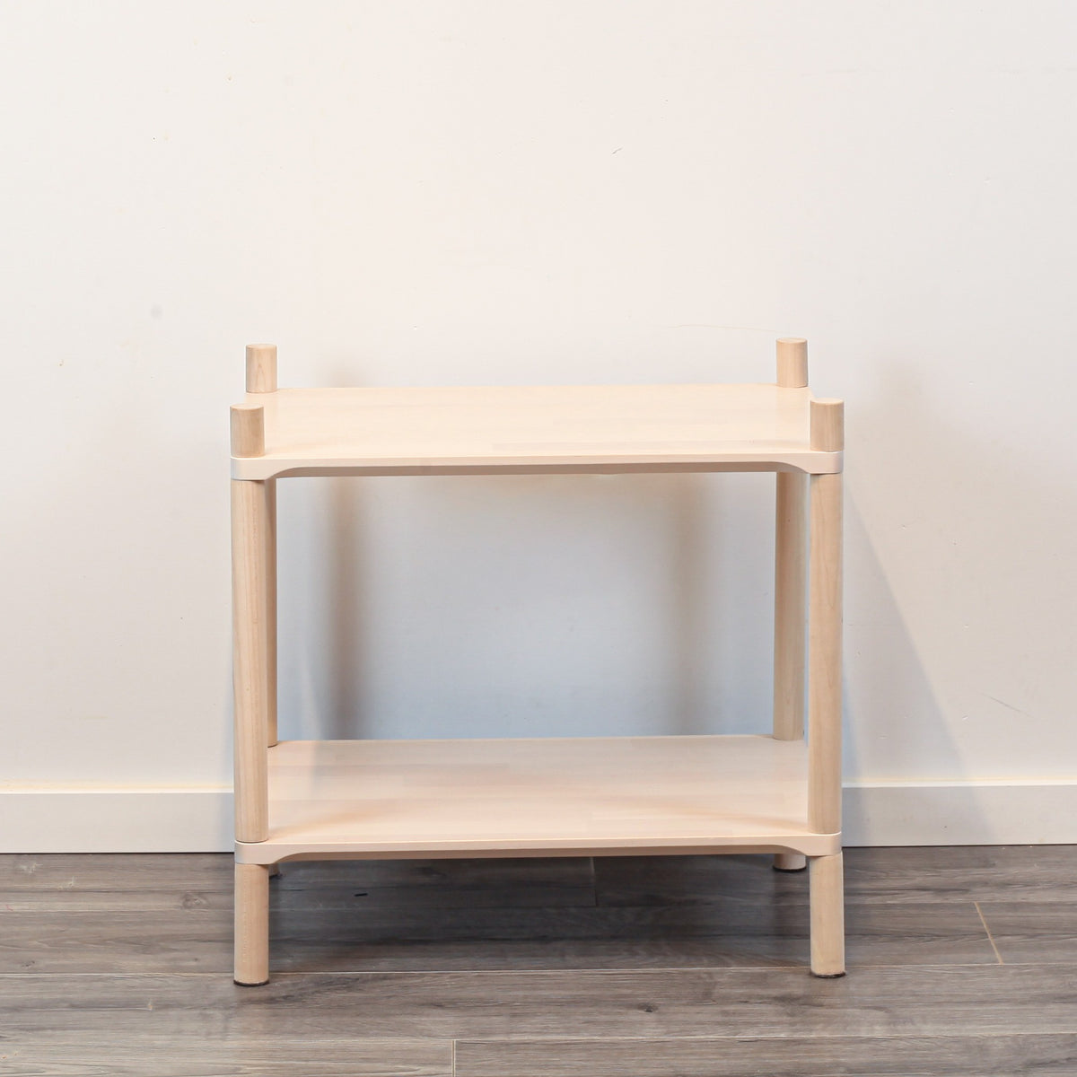 One Little Pine Small 2-Shelf Montessori-Inspired Wooden Shelving Unit styled with books and toys, Montessori-style kids storage furniture.