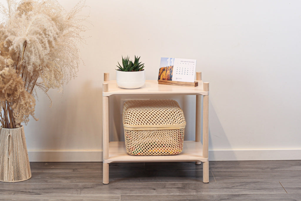 One Little Pine Small 2-Shelf Montessori-Inspired Wooden Shelving Unit — solid birch wood, W50xH42xD35cm, FSC-certified open shelving for children's rooms.