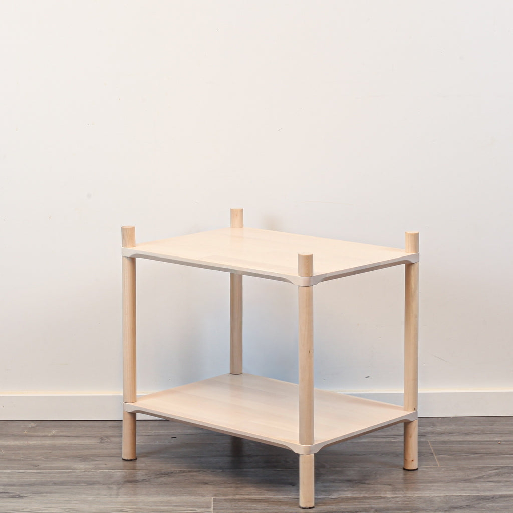 One Little Pine Small 2-Shelf Montessori-Inspired Wooden Shelving Unit shown from an angled view, highlighting the open shelves at child height.