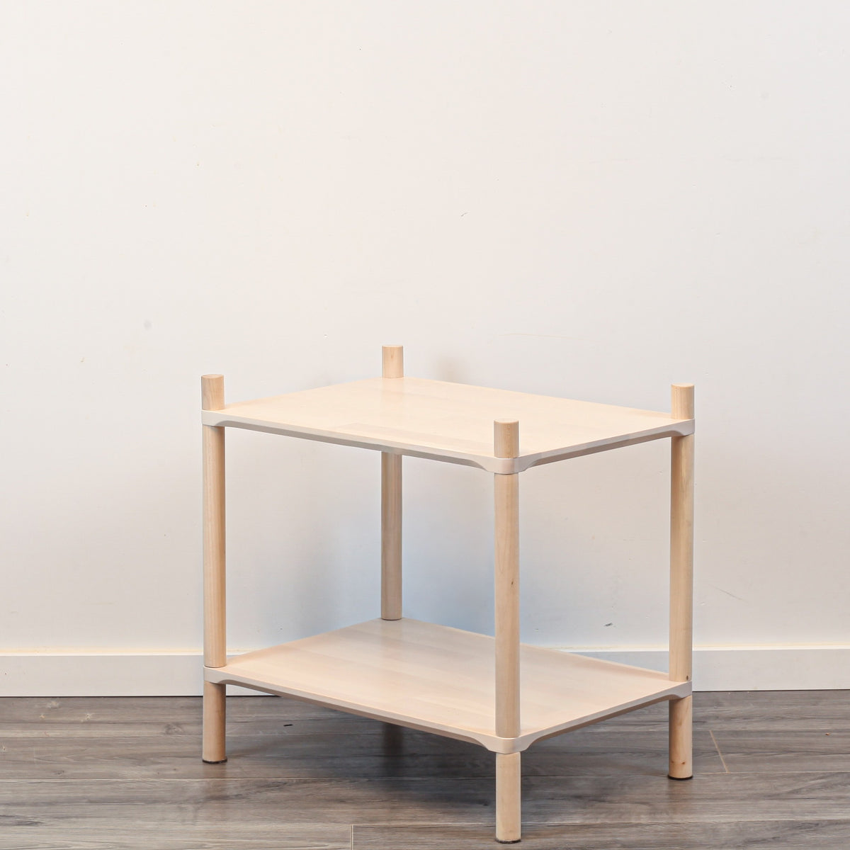 One Little Pine Small 2-Shelf Montessori-Inspired Wooden Shelving Unit shown from an angled view, highlighting the open shelves at child height.
