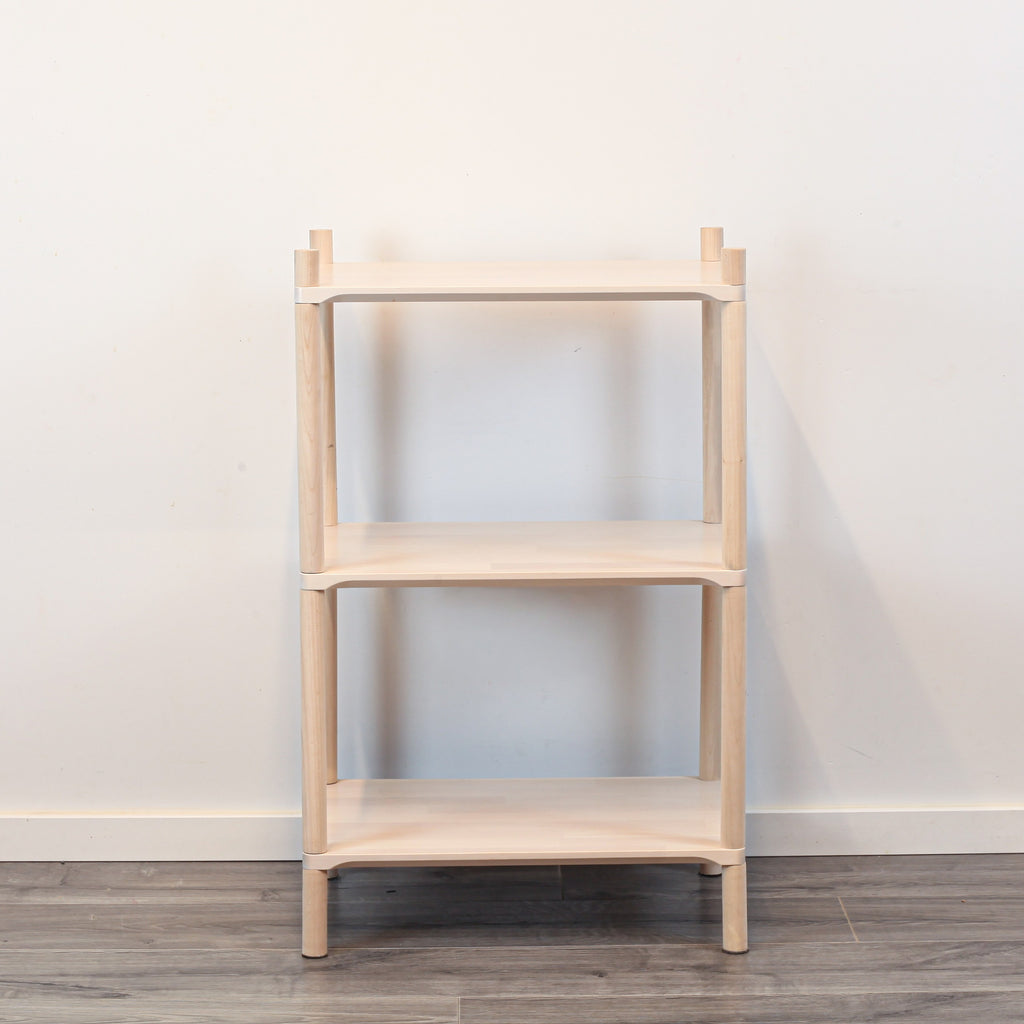 One Little Pine Small 3-Shelf Montessori-Inspired Wooden Shelving Unit styled with books and toys, Montessori-style kids storage furniture.