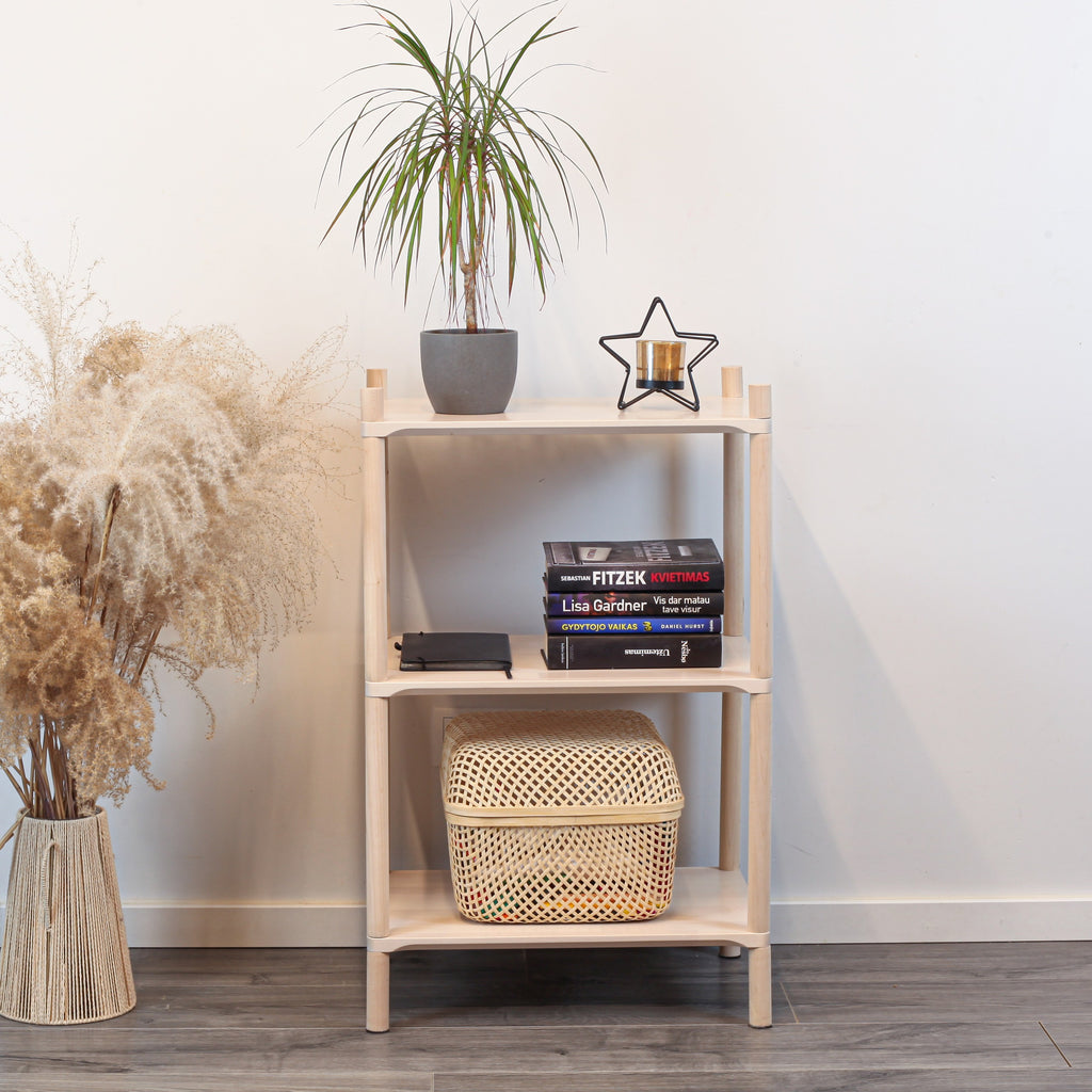 One Little Pine Small 3-Shelf Montessori-Inspired Wooden Shelving Unit — solid birch wood, W50xH74xD35cm, FSC-certified open shelving for children's rooms.