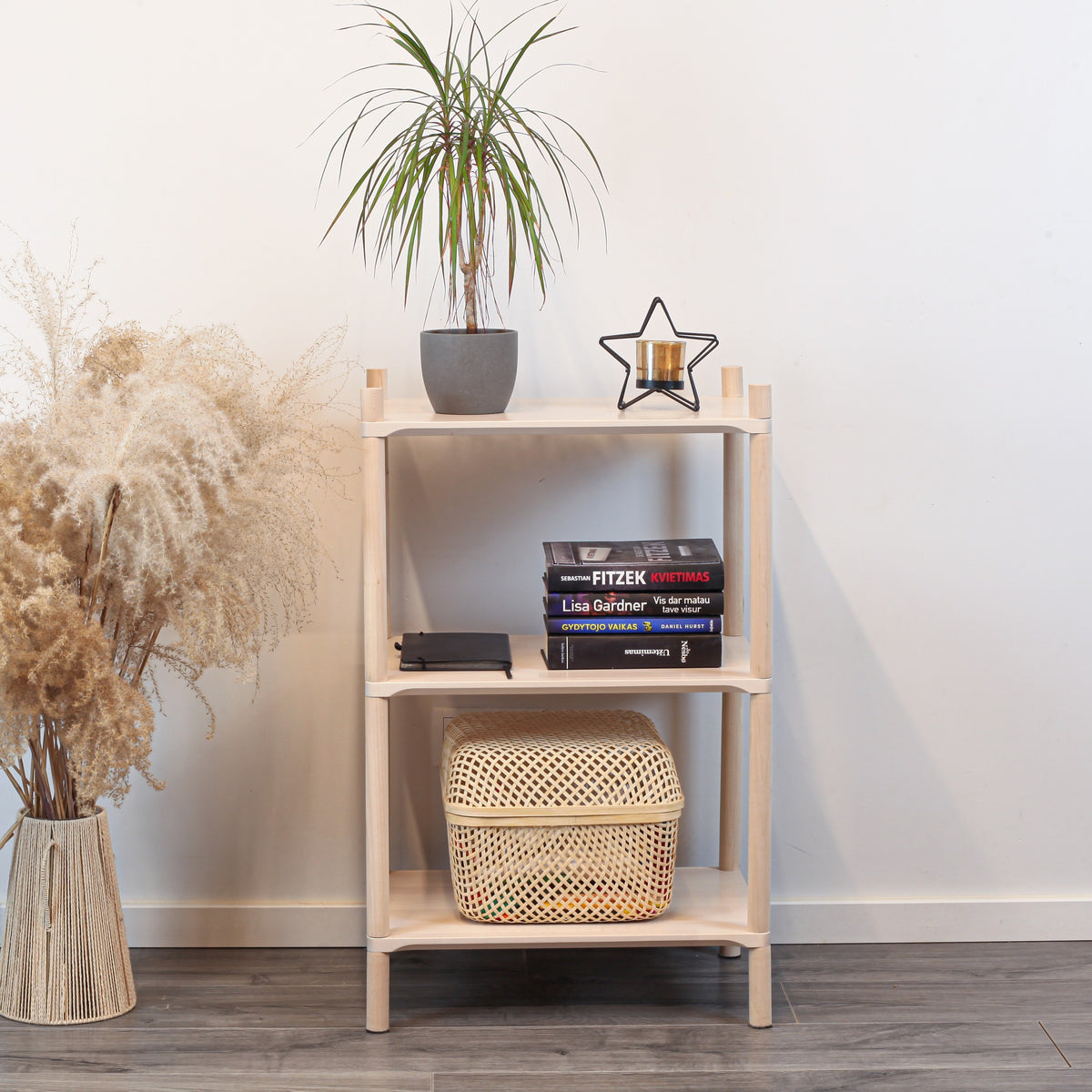 One Little Pine Small 3-Shelf Montessori-Inspired Wooden Shelving Unit — solid birch wood, W50xH74xD35cm, FSC-certified open shelving for children's rooms.