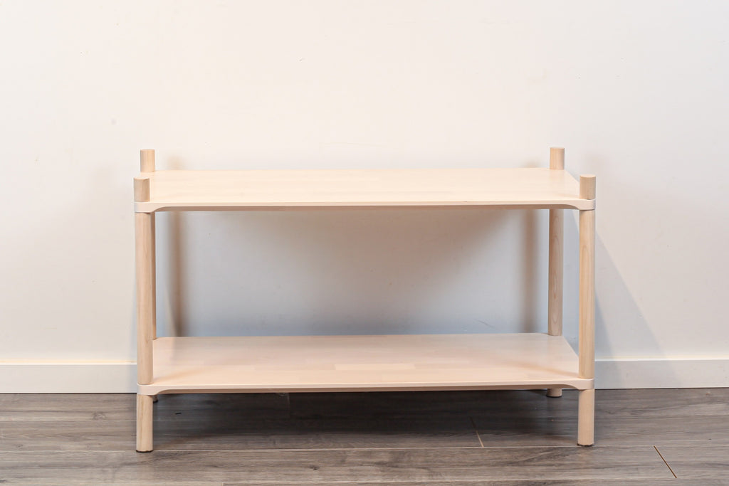 One Little Pine Medium 2-Shelf Montessori-Inspired Wooden Shelving Unit styled with books and toys, Montessori-style kids storage furniture.