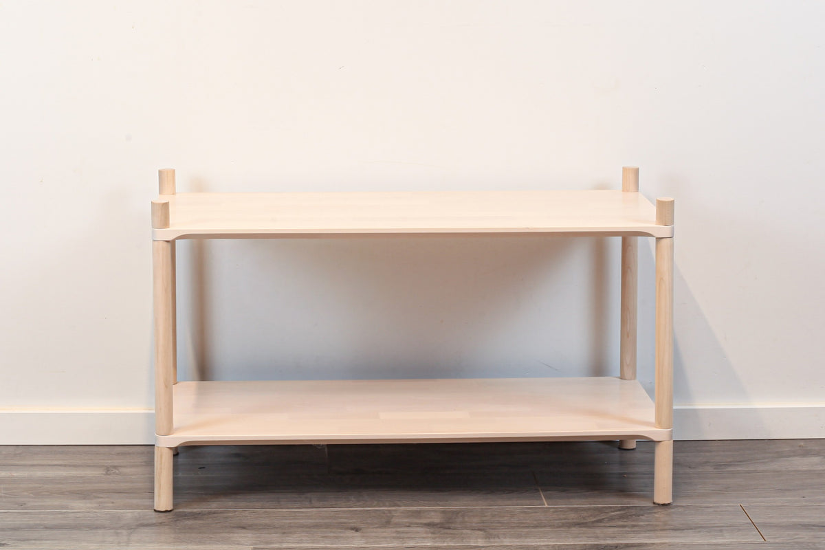 One Little Pine Medium 2-Shelf Montessori-Inspired Wooden Shelving Unit styled with books and toys, Montessori-style kids storage furniture.