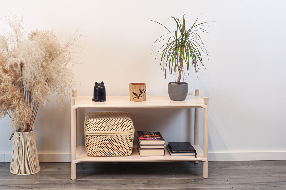 One Little Pine Medium 2-Shelf Montessori-Inspired Wooden Shelving Unit — solid birch wood, W80xH42xD35cm, FSC-certified open shelving for children's rooms.
