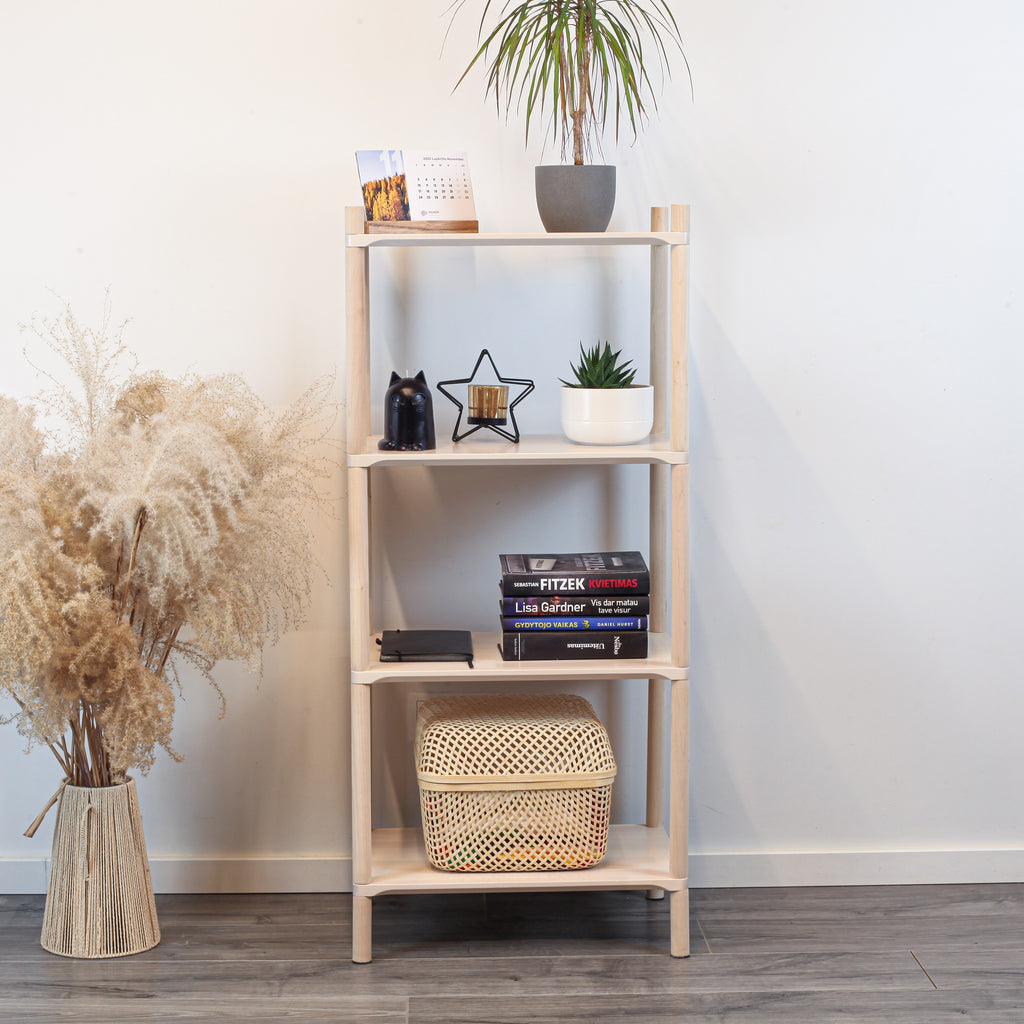 One Little Pine Small 4-Shelf Montessori-Inspired Wooden Shelving Unit — solid birch wood, W50xH106xD35cm, FSC-certified open shelving for children's rooms.