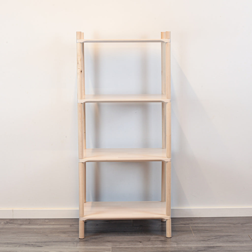 One Little Pine Small 4-Shelf Montessori-Inspired Wooden Shelving Unit styled with books and toys, Montessori-style kids storage furniture.