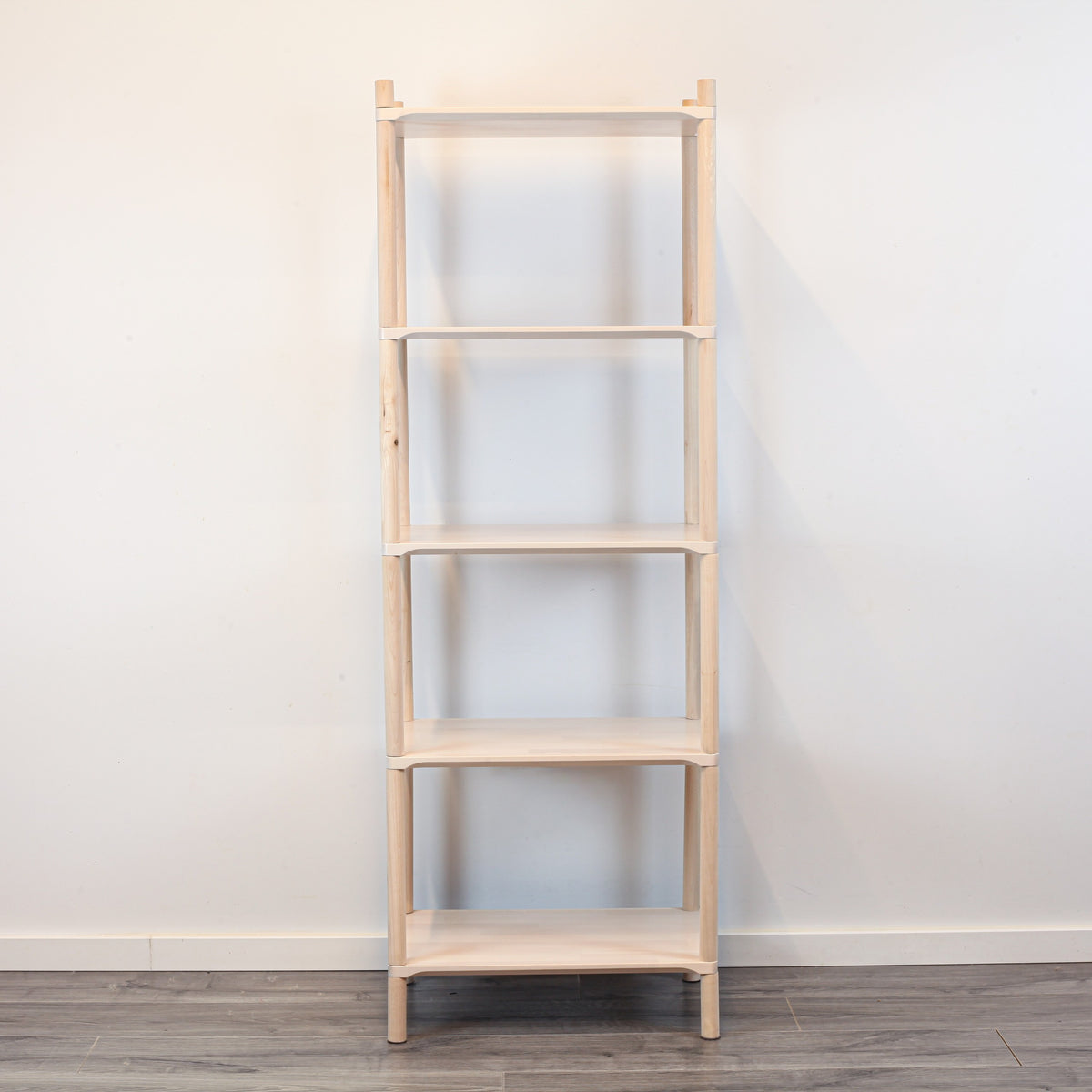 One Little Pine Small 5-Shelf Montessori-Inspired Wooden Shelving Unit styled with books and toys, Montessori-style kids storage furniture.