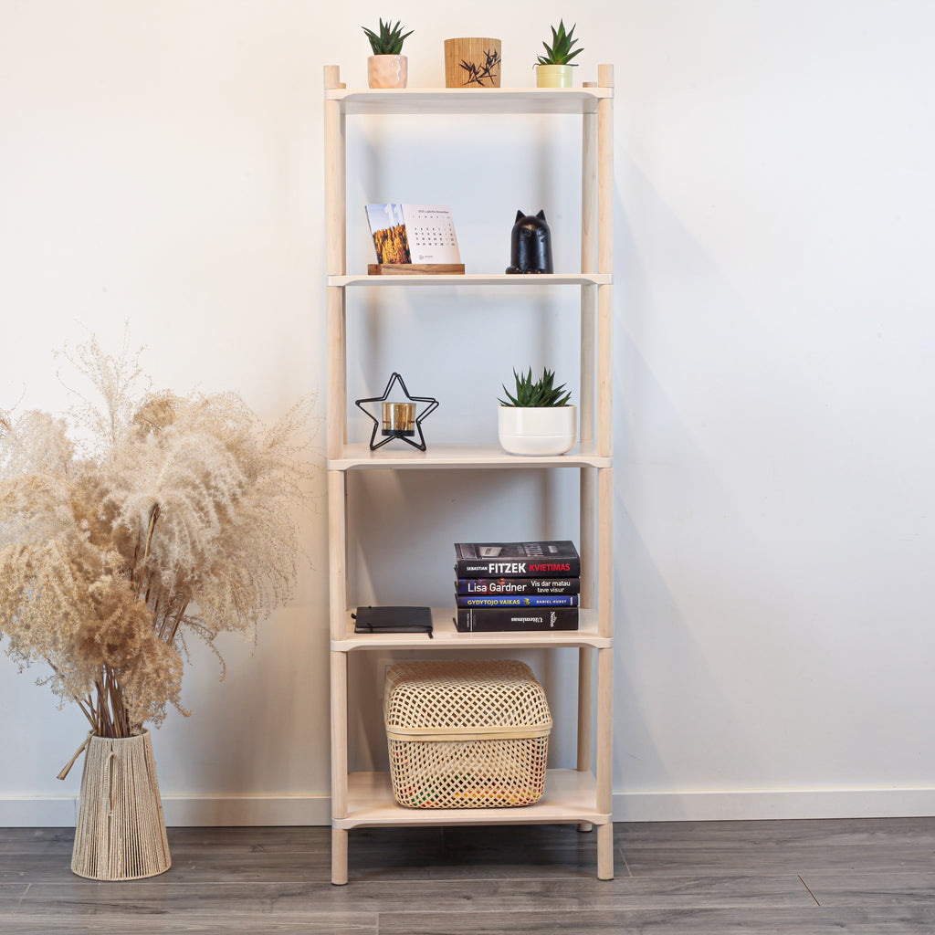 One Little Pine Small 5-Shelf Montessori-Inspired Wooden Shelving Unit — solid birch wood, W50xH138xD35cm, FSC-certified open shelving for children's rooms.