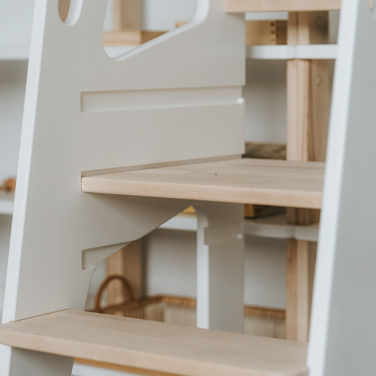 Montessori Tower Safety+ in use at kitchen counter height — Montessori learning tower