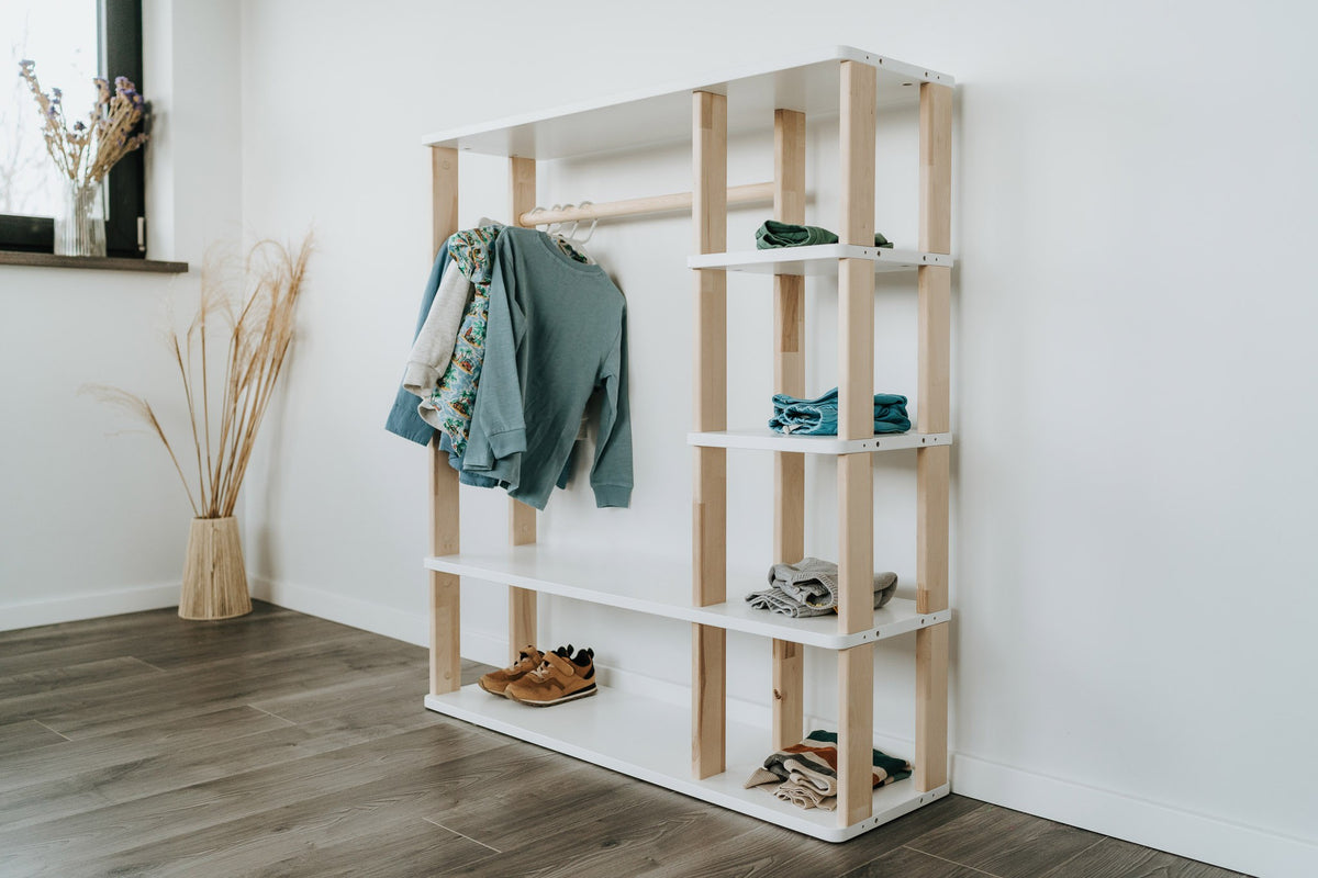 One Little Pine Modular Montessori Wardrobe, solid wood toddler clothing storage with open clothes rail and 4 shelves, Montessori furniture (available in Natural Wood, Clear Oil, and White & Clear Oil finishes)