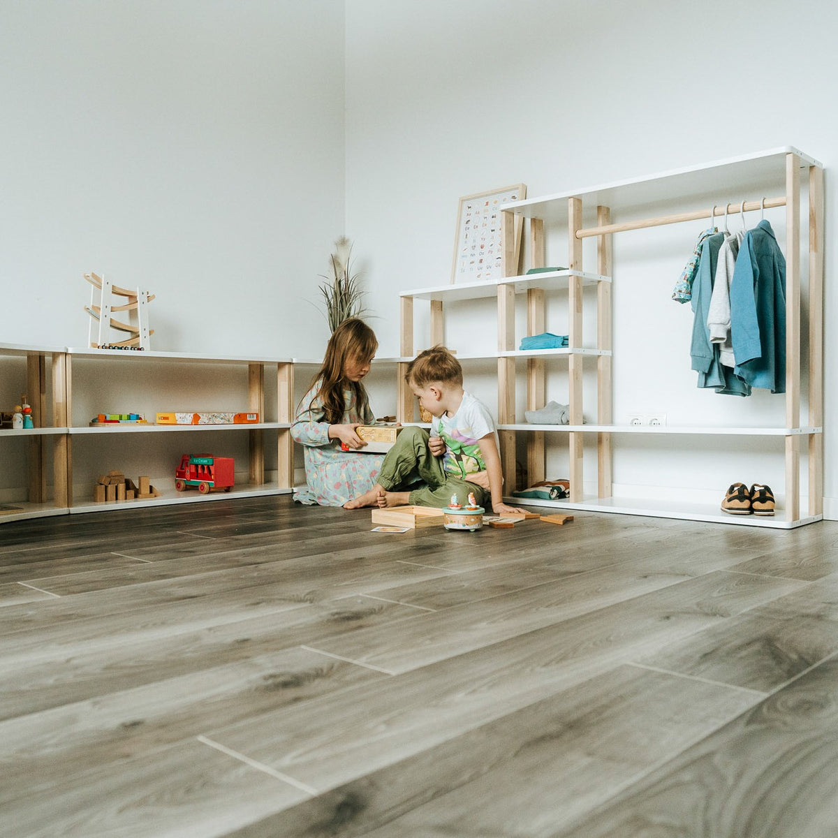 One Little Pine Modular Montessori Wardrobe, solid wood toddler clothing storage with open clothes rail and 4 shelves, Montessori furniture (available in Natural Wood, Clear Oil, and White & Clear Oil finishes)