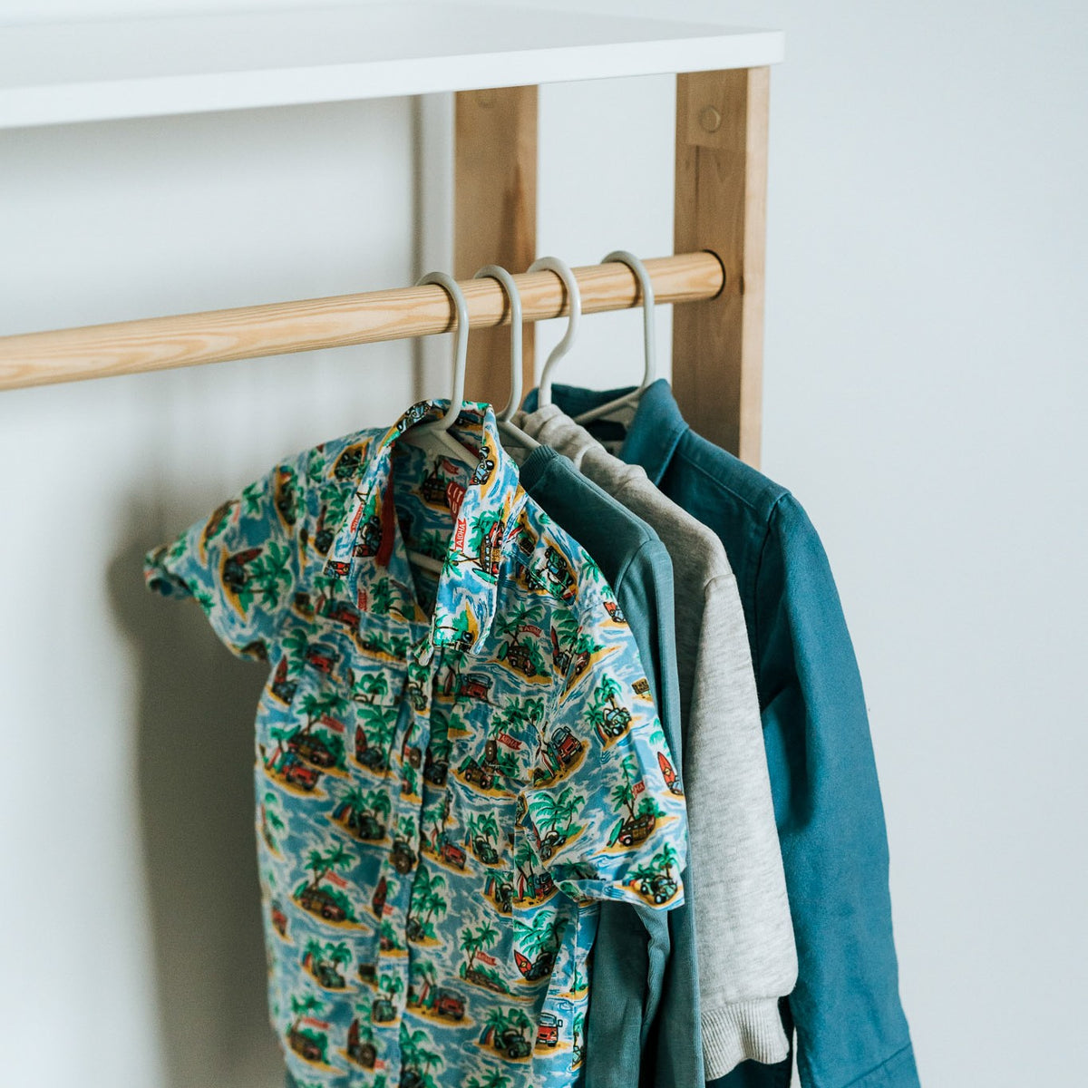 One Little Pine Modular Montessori Wardrobe, solid wood toddler clothing storage with open clothes rail and 4 shelves, Montessori furniture (available in Natural Wood, Clear Oil, and White & Clear Oil finishes)