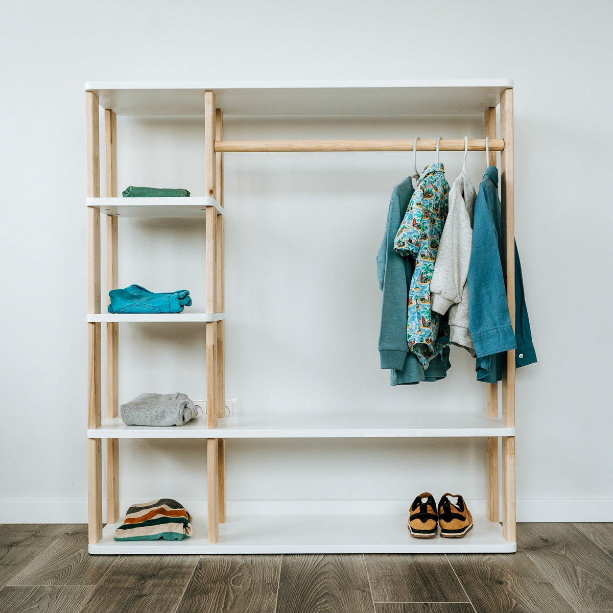 One Little Pine Modular Montessori Wardrobe, solid wood toddler clothing storage with open clothes rail and 4 shelves, Montessori furniture (available in Natural Wood, Clear Oil, and White & Clear Oil finishes)