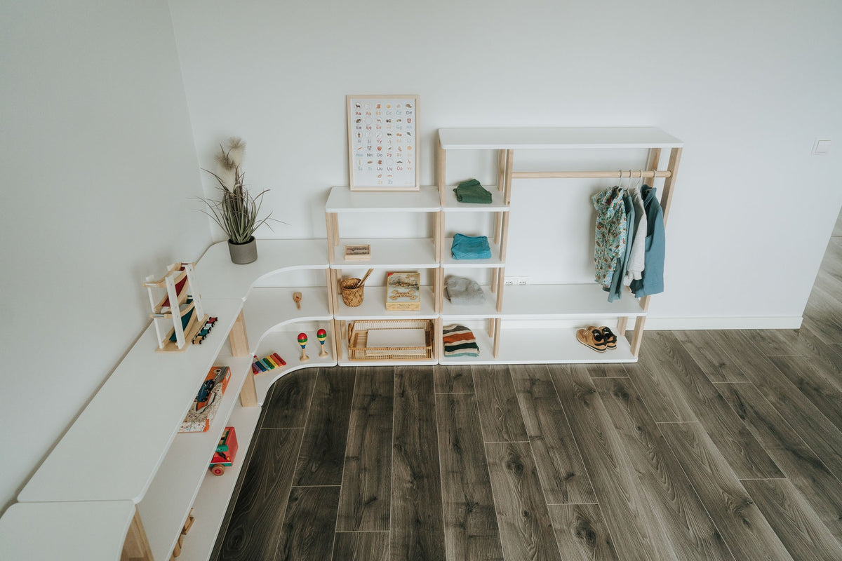 One Little Pine Modular Montessori Wardrobe, solid wood toddler clothing storage with open clothes rail and 4 shelves, Montessori furniture (available in Natural Wood, Clear Oil, and White & Clear Oil finishes)
