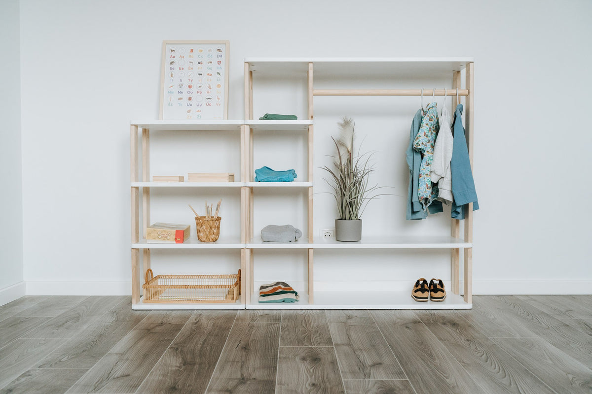One Little Pine Modular Montessori Wardrobe, solid wood toddler clothing storage with open clothes rail and 4 shelves, Montessori furniture (available in Natural Wood, Clear Oil, and White & Clear Oil finishes)