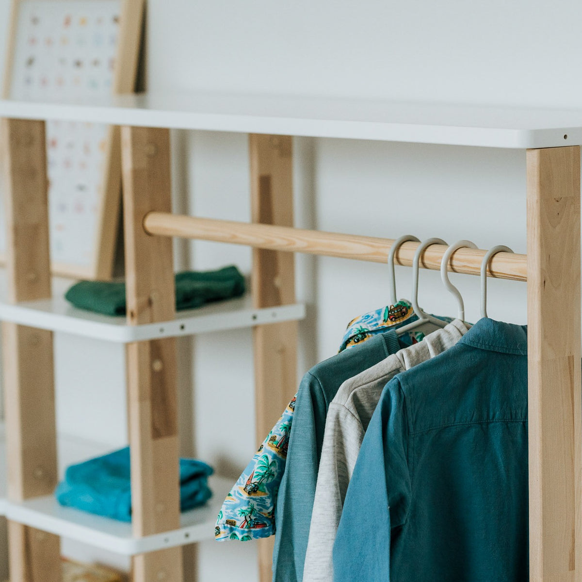 One Little Pine Modular Montessori Wardrobe, solid wood toddler clothing storage with open clothes rail and 4 shelves, Montessori furniture (available in Natural Wood, Clear Oil, and White & Clear Oil finishes)