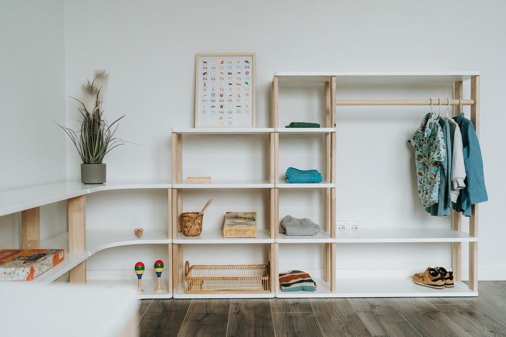 One Little Pine Modular Montessori Wardrobe, solid wood toddler clothing storage with open clothes rail and 4 shelves, Montessori furniture (available in Natural Wood, Clear Oil, and White & Clear Oil finishes)