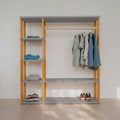 One Little Pine Modular Montessori Wardrobe in Light Grey with Brownish Oil finish, solid wood toddler clothing storage with open clothes rail and 4 shelves, Montessori furniture