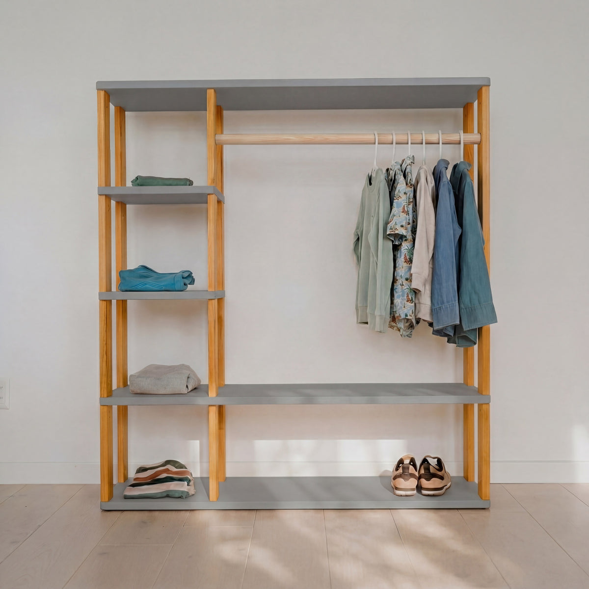 One Little Pine Modular Montessori Wardrobe in Light Grey with Brownish Oil finish, solid wood toddler clothing storage with open clothes rail and 4 shelves, Montessori furniture