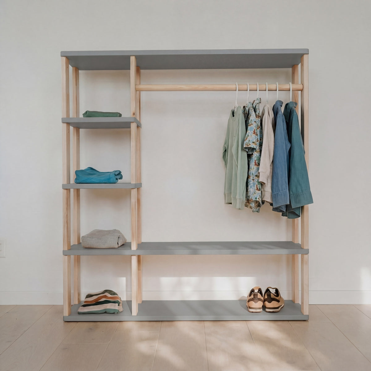 One Little Pine Modular Montessori Wardrobe in Light Grey with Clear Oil finish, solid wood toddler clothing storage with open clothes rail and 4 shelves, Montessori furniture