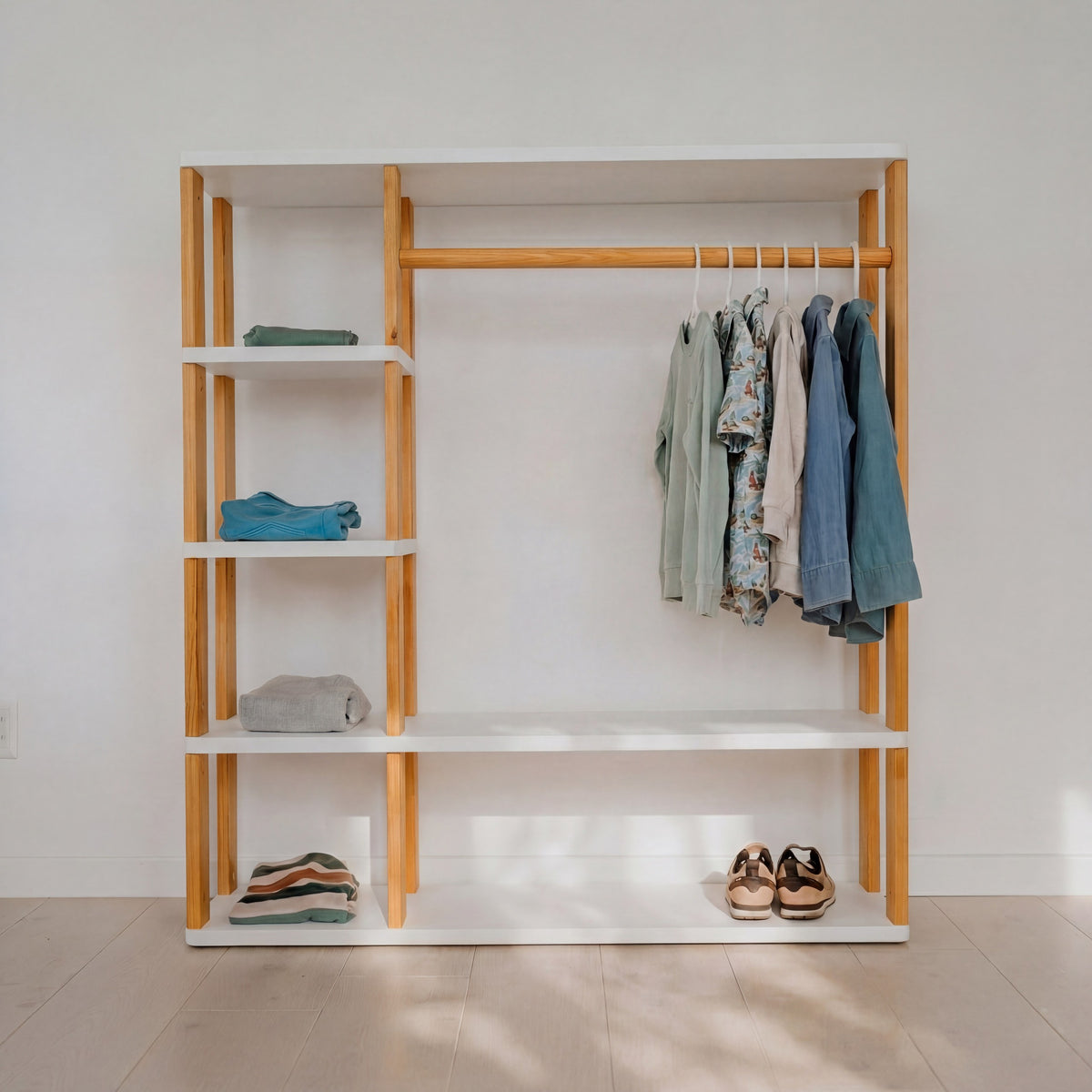 One Little Pine Modular Montessori Wardrobe in White with Brownish Oil finish, solid wood toddler clothing storage with open clothes rail and 4 shelves, Montessori furniture