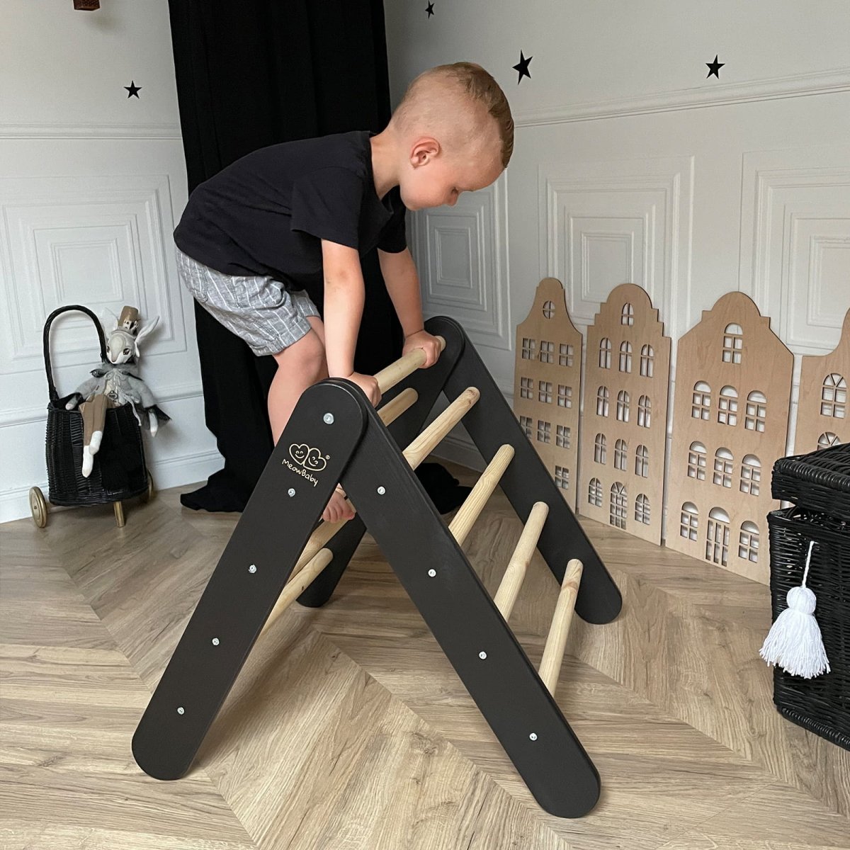 Montessori Wooden Ladder with Tent Cover (Blue-Grey) for Children – 9-Rung Climbing Frame (Black) - Tiny Tugz™