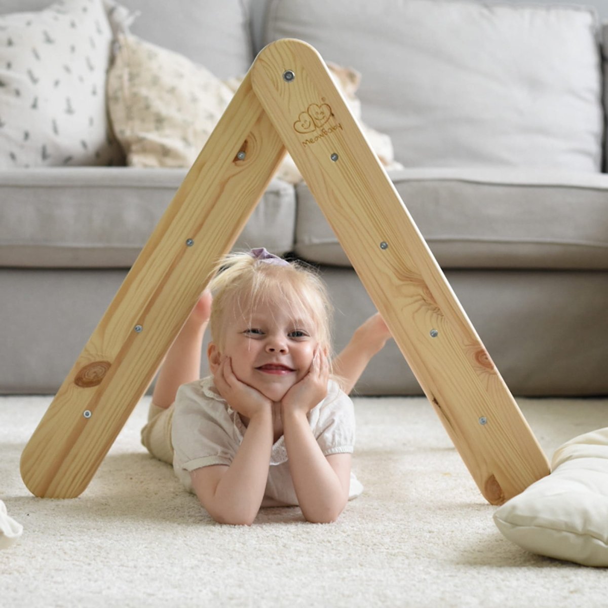 Montessori Wooden Ladder with Tent Cover (Blue-Grey) for Children – 9-Rung Climbing Frame (Natural Wood) - Tiny Tugz™