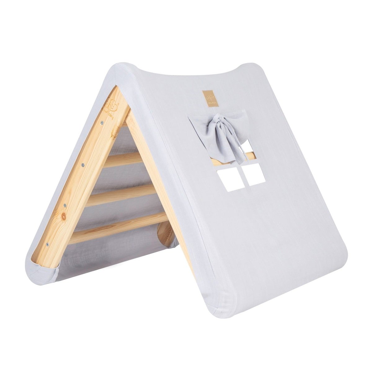 Montessori Wooden Ladder with Tent Cover (Blue-Grey) for Children – 9-Rung Climbing Frame (Natural Wood) - Tiny Tugz™