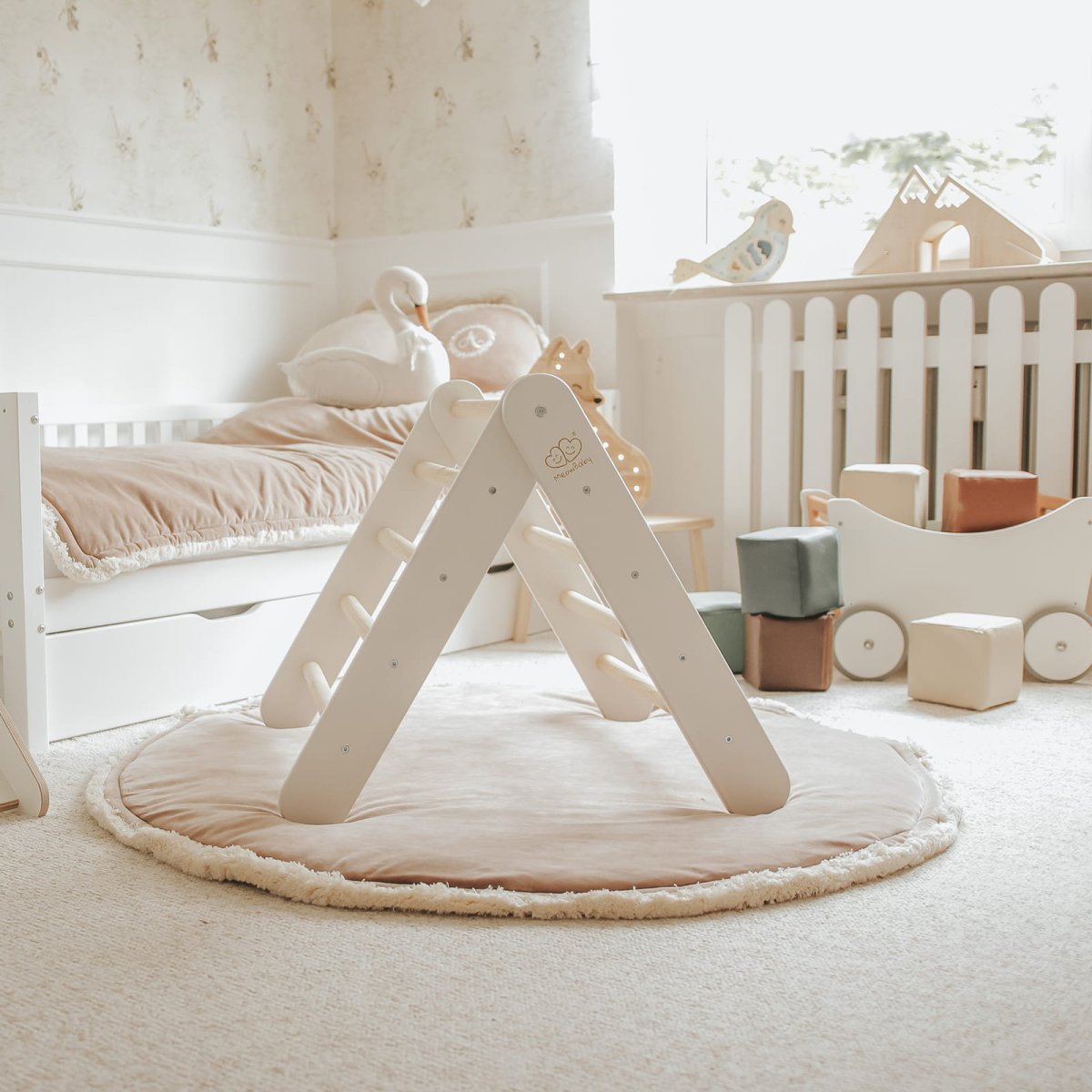 Montessori Wooden Ladder with Tent Cover (Blue-Grey) for Children – 9-Rung Climbing Frame (White) - Tiny Tugz™