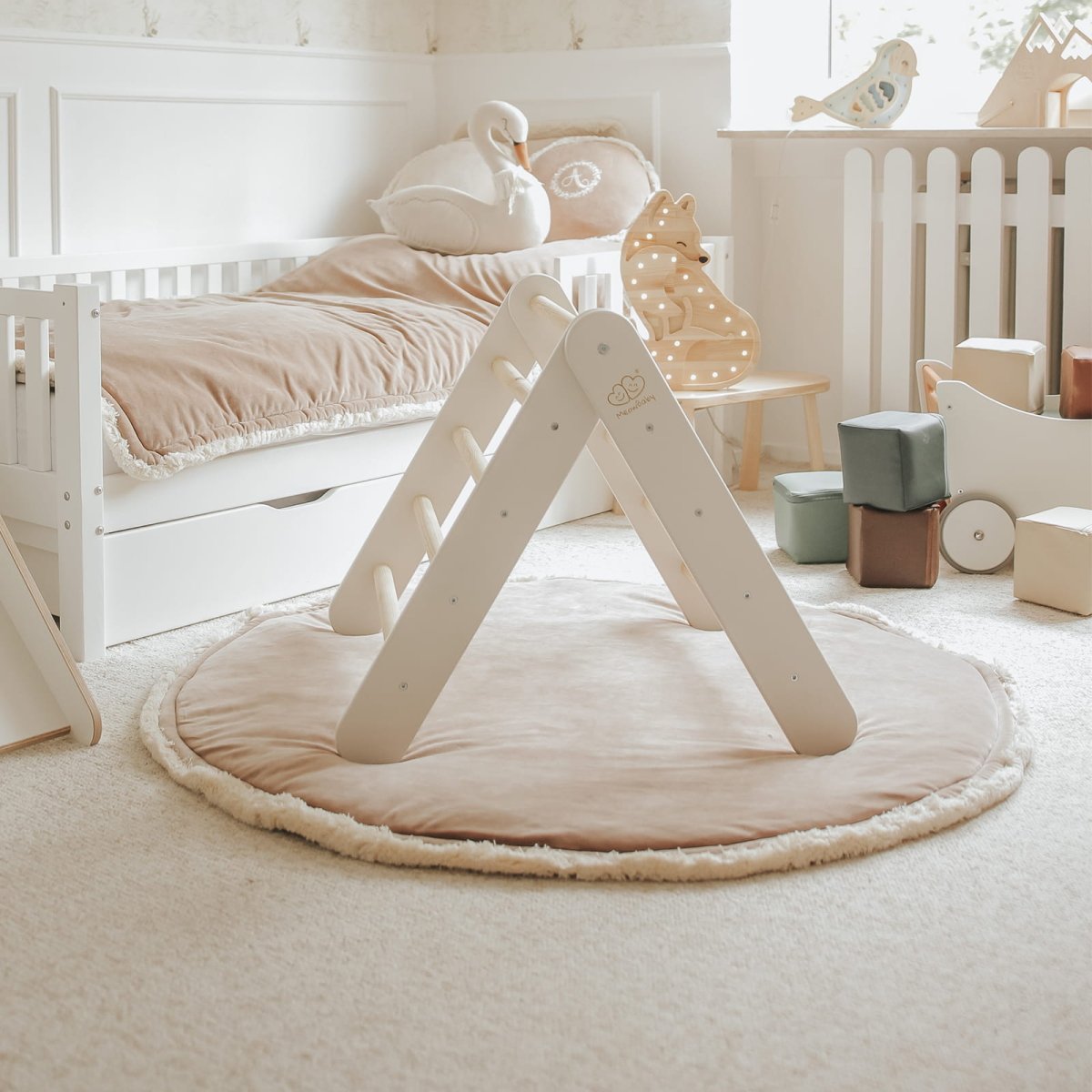 Montessori Wooden Ladder with Tent Cover (Blue-Grey) for Children – 9-Rung Climbing Frame (White) - Tiny Tugz™