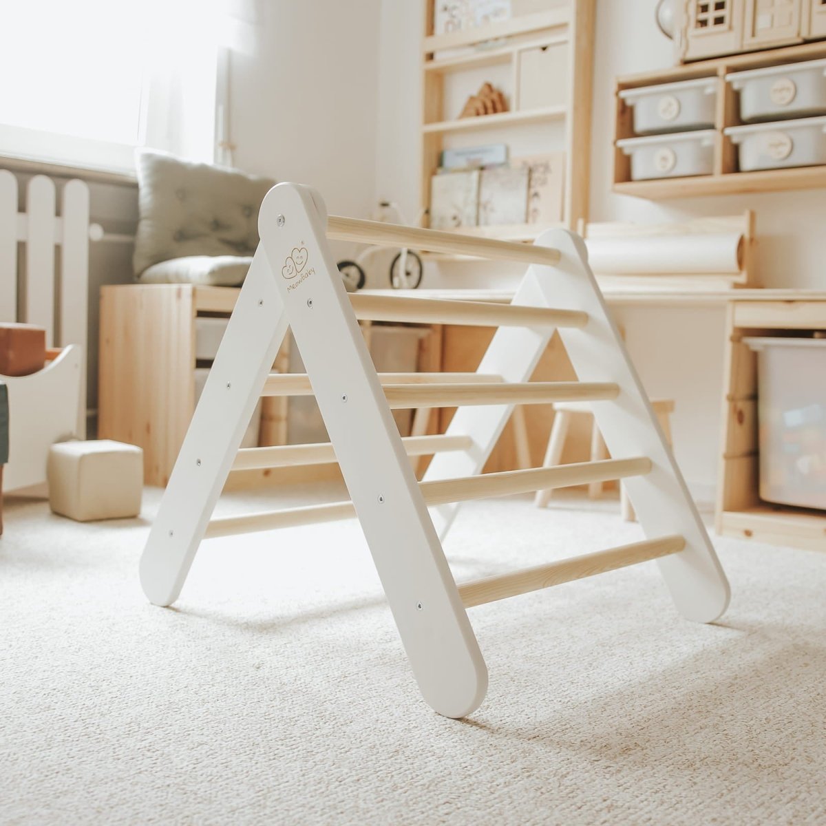 Montessori Wooden Ladder with Tent Cover (Blue-Grey) for Children – 9-Rung Climbing Frame (White) - Tiny Tugz™