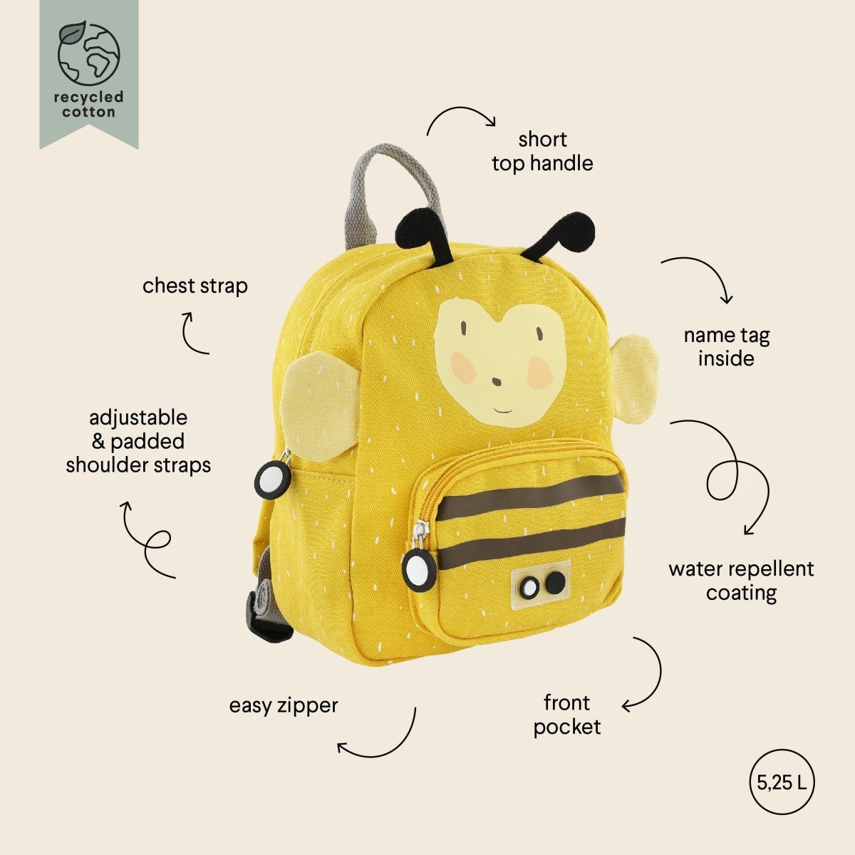 Mr. Bumblebee Recycled Cotton Kids Backpack (Regular) – Lightweight, Water-Repellent & Sustainable - Tiny Tugz™