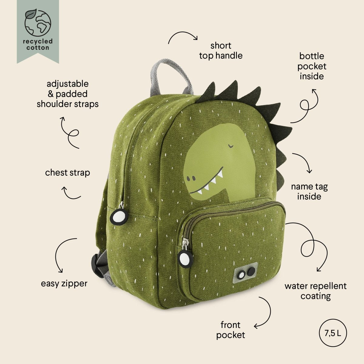 Mr. Dino Recycled Cotton Kids Backpack (Regular) – Lightweight, Water-Repellent & Sustainable - Tiny Tugz™