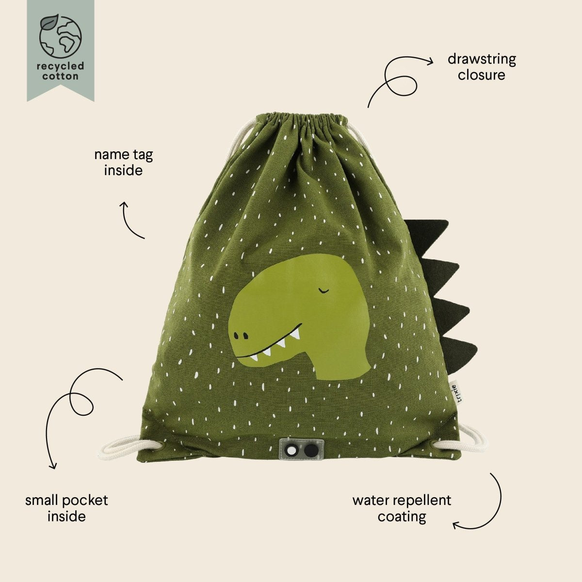 Mr. Dino Recycled Cotton Kids Drawstring Bag – Lightweight, Water-Repellent & Sustainable - Tiny Tugz™