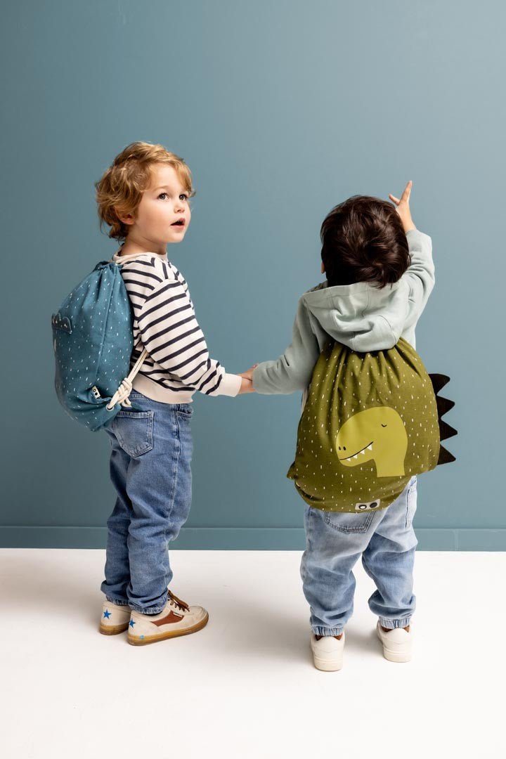 Mr. Dino Recycled Cotton Kids Drawstring Bag – Lightweight, Water-Repellent & Sustainable - Tiny Tugz™