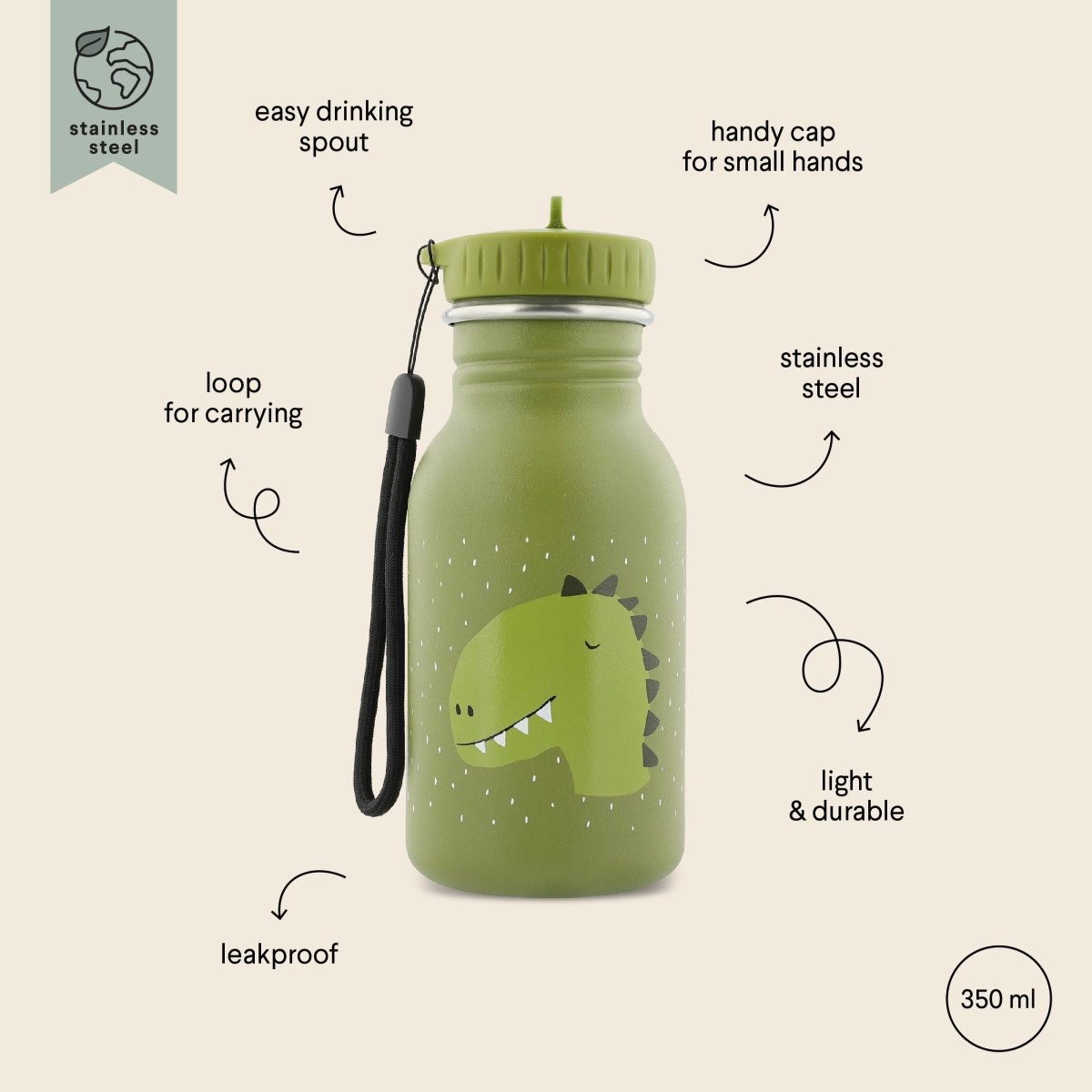 Mr. Dino Stainless Steel Water Bottle 350 ml – Durable, Safe Hydration for Kids - Tiny Tugz™