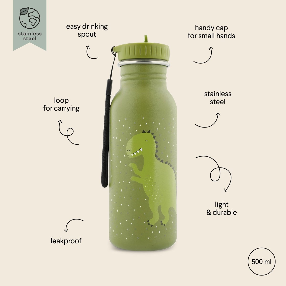 Mr. Dino Stainless Steel Water Bottle 500 ml – Durable, Safe Hydration for Kids - Tiny Tugz™